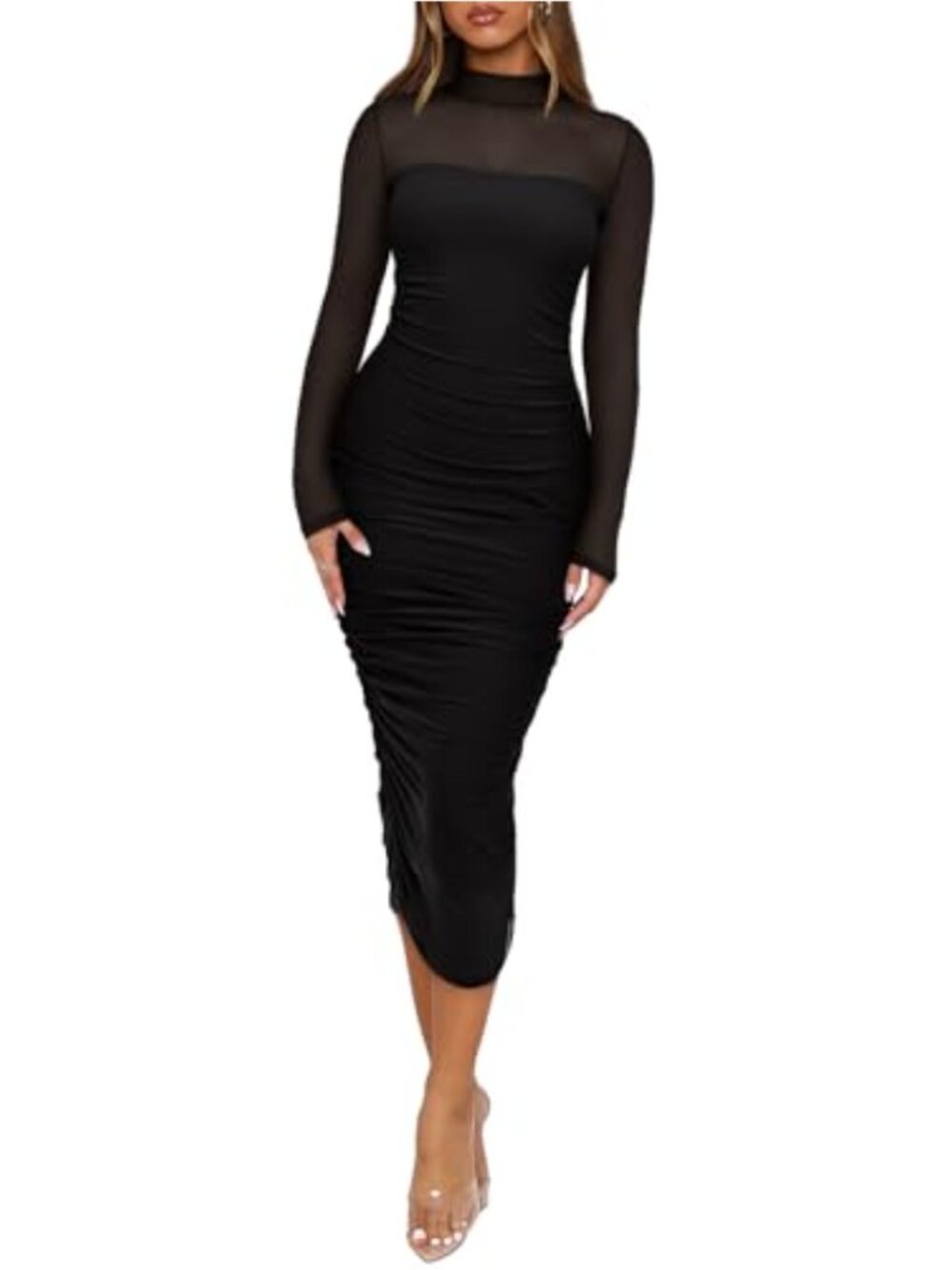 Women's Mesh Long Sleeve Midi Bodycon Dress Mock Neck Ruched Cocktail Party